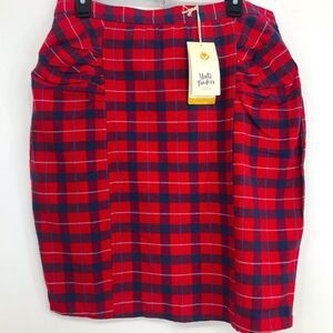 Mata Traders Red Plaid Fair Trade 100% Cotton Rushed Panelled Pencil Skirt